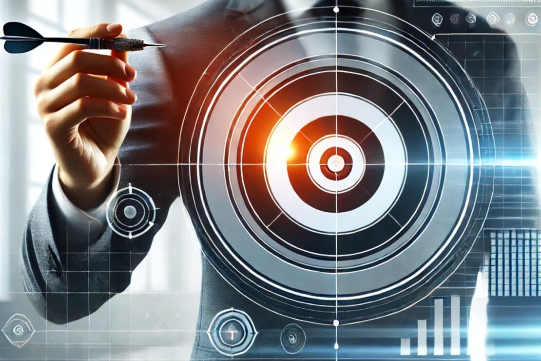 A clean and professional image of a person in business attire hitting a target with precision, symbolizing achievement and success. The target is repr