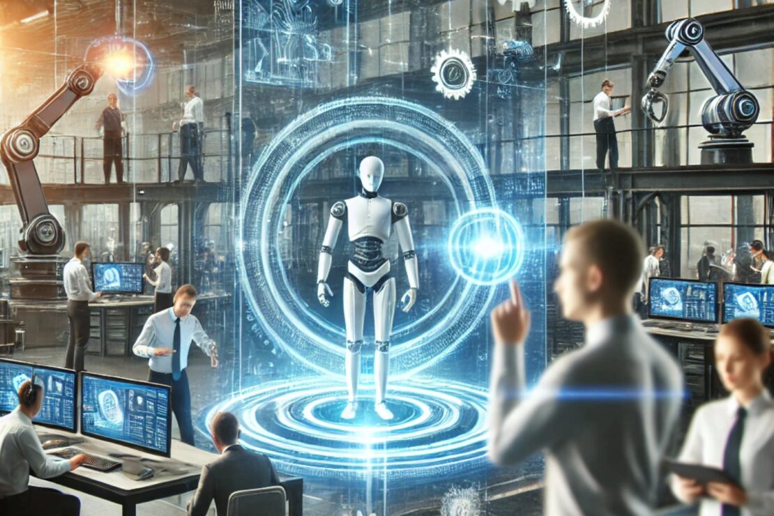 A futuristic image of professionals in a high-tech industrial setting, collaborating while interacting with digital AI interfaces. The scene should de