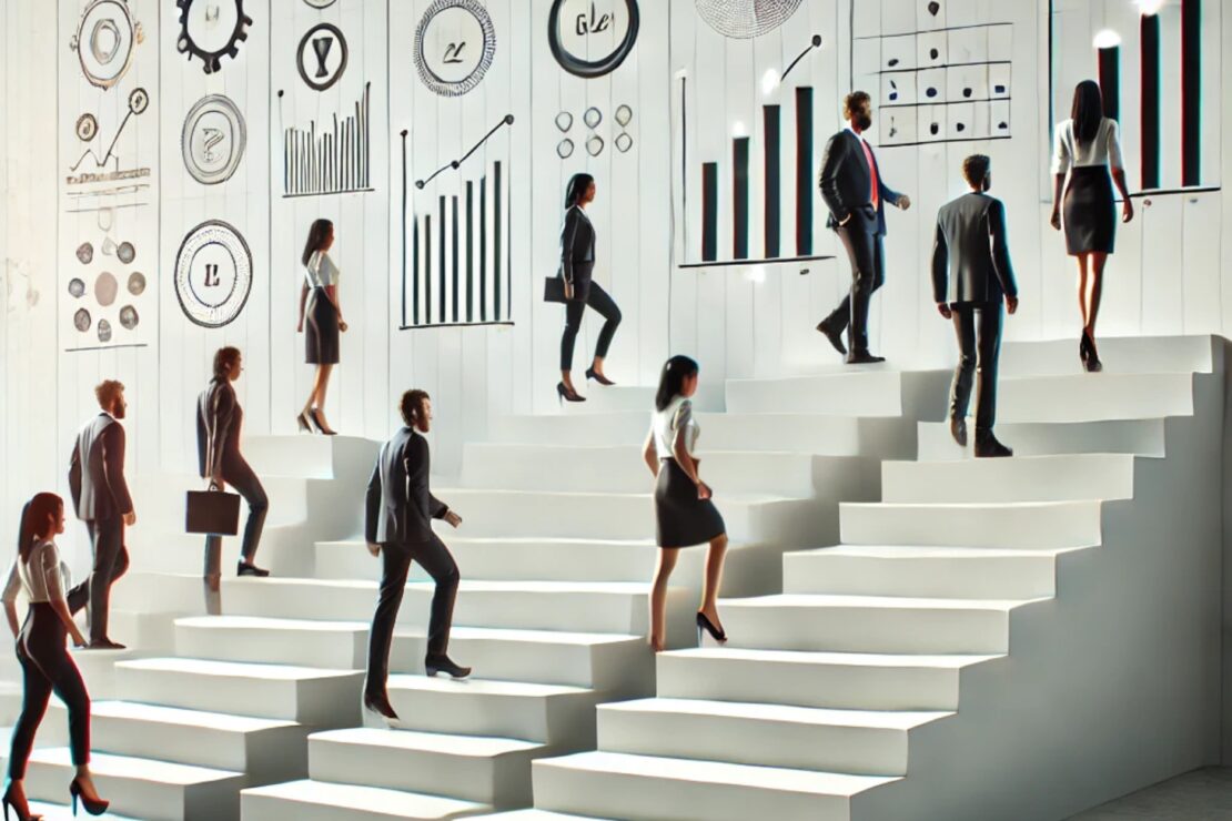 clean and modern image representing professional growth and progress, featuring a diverse group of individuals ascending sleek steps or platforms. E